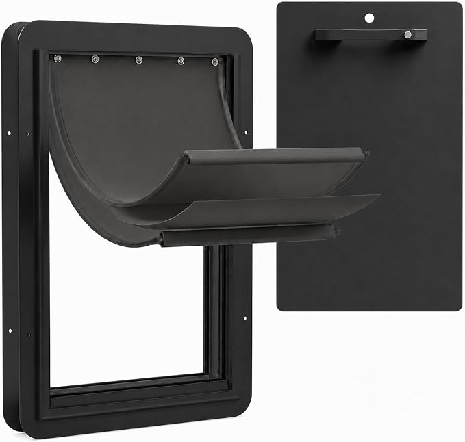 URSPET Large Dog Door for Door, 3-Flap Insulated, Steel Frame, Black | 10.25 x 16.25 in Usable Opening, For 1.7-2.4 in Doors, Compatible with PetSafe Door Cutouts, Lock Panel, Replaceable Flaps