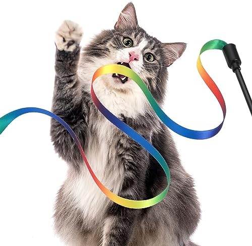 Amaxiu Cat Wand Toy Set, Interactive Cat Wand Toys with Rainbow and Leopard Print Cloth Strings for Small Cats and Kittens - Indoor Training Catcher (6 Packs)
