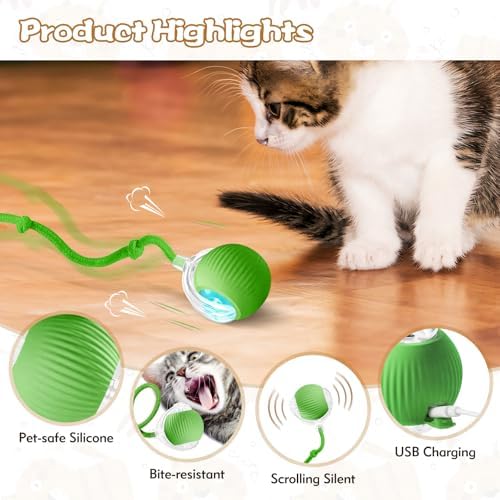 Interactive Cat Ball Toys for Indoor Cats, Upgraded Automatic Cat Toys for Bored Indoor Adult Kitty, Peppy Pet Ball for Cats, 360°Smart Rolling Kitty Balls Toy (Green)