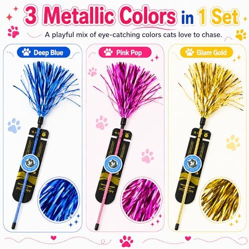 ADUCK Tinsel Cat Wand Toys for Indoor Cats, Interactive Kitten Toys, 3 Pack