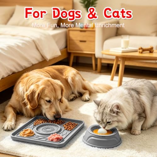 Slow Feeder Dog Bowl & Lick Mat,2-in-1 Dog Lick Bowl with Interactive Rolling Ball for Liquid and Thick Treats,Anti-Slip Dog Lick Bowl for Dogs & Cats
