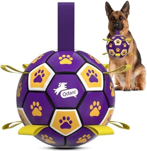 QDAN Extra Large Dog Toy Soccer Ball, Durable Dog Balls with Straps, 9 Inch | Herding Ball for Dogs Large, Interactive Dog Toys for Tug of War, Outside Water Toy, Training Soccer Balls >90 lbs Dogs