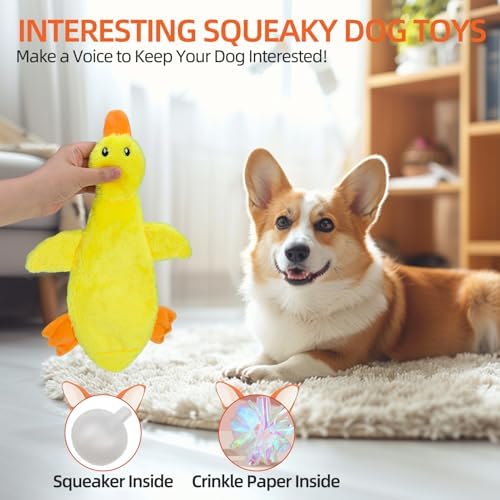 PAWCHIE Squeaky Dog Toys for Small Medium Large Dogs, No Stuffing Crinkle Puppy Toy,Soft Pet Plush Teething Toys 2 Pcs Mess-Free Interactive Chew Toy for Boredom Best Birthday Gift, Yellow & Wild Duck