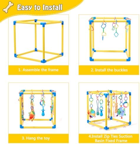 Puppy Play Gym with 8 Hanging Toys, Small Dogs Indoor Jungle Playground, PVC Frame with Suction Cups Interactive Enrichment Activity Center