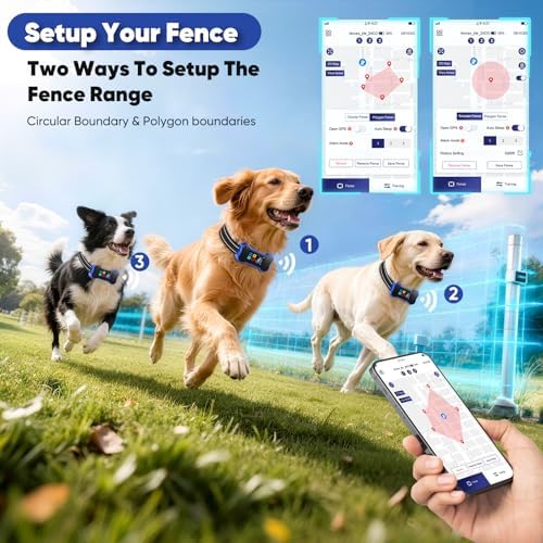 GPS Wireless Dog Fence with Free App, Electric Fence System with Training, Portable Fence for Outdoor Use, Rechargeable Waterproof Flexiable Adjustable for Large Medium Dogs (Blue)