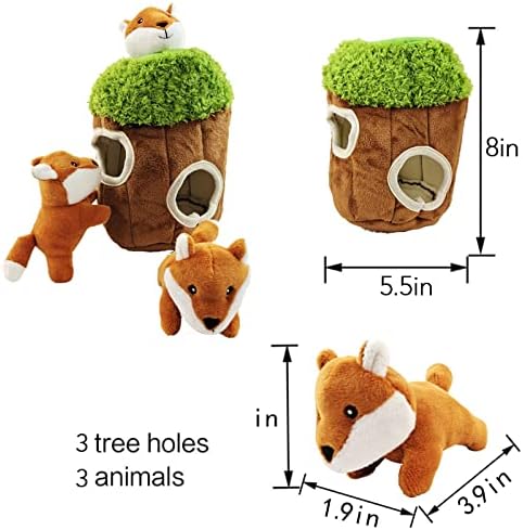 Glow Pups Hide and Seek Dog Toy, Plush Fox Inside Trunk, Squeaky Interactive Burrow Toy for Mental Stimulation, Durable & Engaging, Woodland Style, Small, 3 Animals