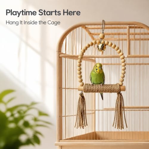 Natural Wood Bird Swing Toy with Hemp Rope Perch for Small Parrots