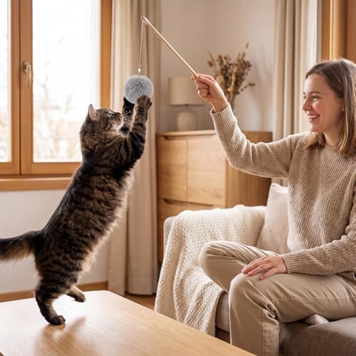 18 Pack Natural Rabbit Fur Cat Toy Refills, Mouse Tail Fur Ball Shaped Cat Toys, Interactive Cats Wand Toy Replacement Head with Secure Connector (Pom Pom)
