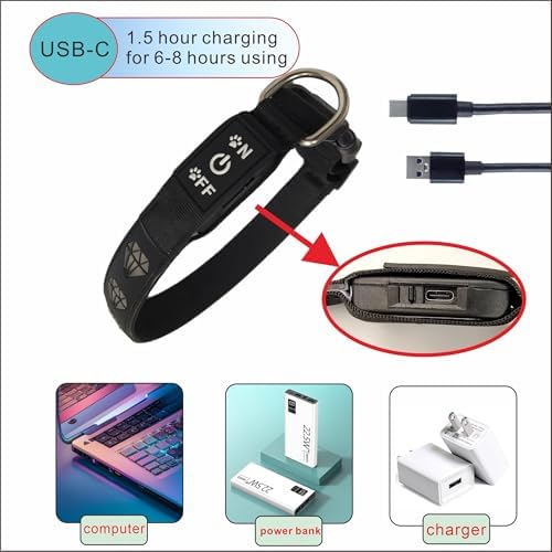 Personalized Dog Collar Waterproof airtag Dog tag Holder,USB C Light up Night Black Dog Collar (Blue, L(15.7-19.7"))