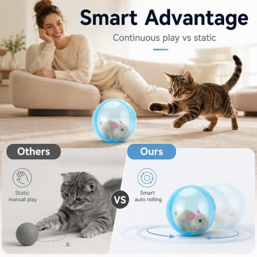 Interactive Cat Toy Ball, 2026 Rechargeable Self-Rolling Cat Toy Ball, Electric Hamster Running Rolling Ball with Auto Obstacle Avoidance, Automatic Moving Cat Toys for Indoor Cats & Dogs, Rabbit pink