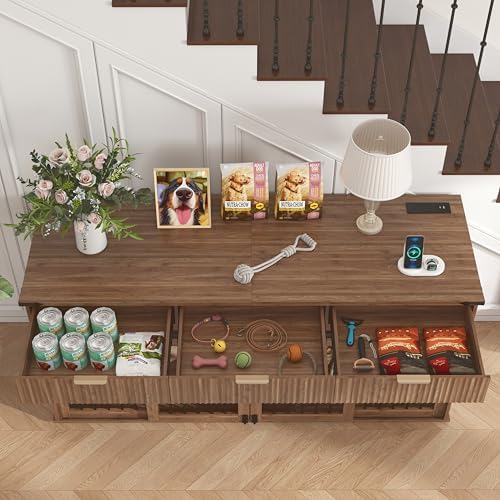 Large Dog Crate Furniture for 2 Dogs, Wood, White TV Stand with 4 Doors and 4 Storage Drawers, Removable Divider, Indoor Kennel for Medium and Large Dogs (71inch White Fluted Dog Crate)