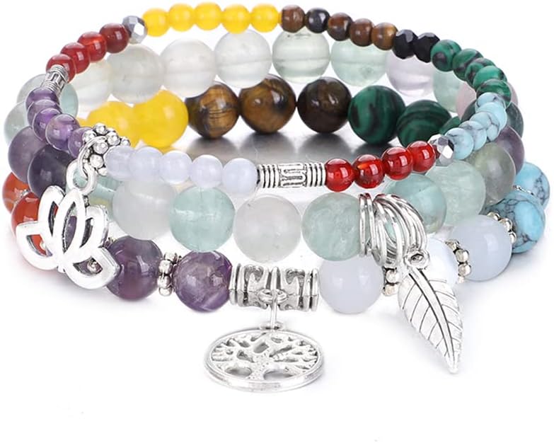 UEUC Tree of Life Yoga Healing Stone Bracelets,Multilayer Lotus Chakra Stone Reiki Bracelet Sets,Anxiety Crystal Natural Stone,for Women Stress Relief