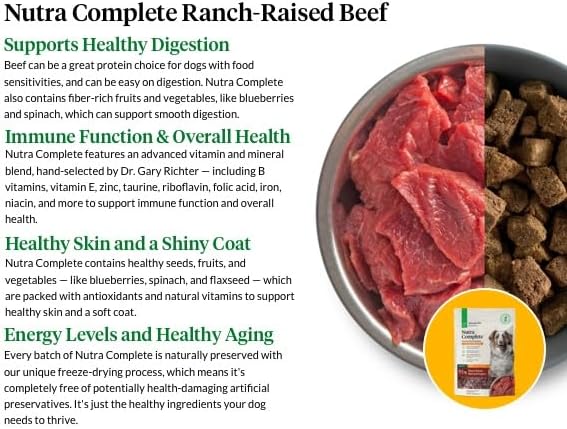 ULTIMATE PET NUTRITION Nutra Complete, 100% Freeze Dried Veterinarian Formulated Raw Dog Food with Antioxidants Prebiotics and Amino Acids, (1 Pound, Beef)