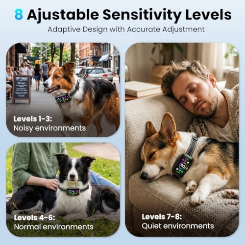 Smart Dog Bark Collar, Anti Barking Collar with 4 Training Modes, 8 Adjustable Sensitivity, Rechargeable IP67 Waterproof for Medium and Large Dogs (11-150 lbs)