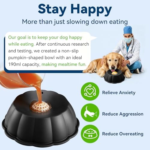 Dog Lick Bowl Ball Slow Feeder, Licking Bowl for Liquid Treat with Rolling Spin Sphere Roller Licker, Licky Feed Calming Anxiety Relief Enrichment Yogurt (Black)