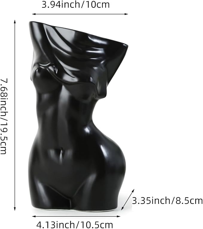 Black Female Body Vase - Unique Undressing Ceramic Flower Planter, Modern Curved Art Sculpture for Home Decor, Table, Shelf & Desk 7.68inches (Black)