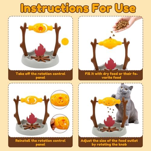 Cat Puzzle Toy - Cat Treat Dispensing Slow Feeder with 3 Dispensing Holes, Rotatable Roast and Flame Interactive Cat Treat Dispenser Toy, Enrichment Interactive Stimulation Toy for Indoor Kitty