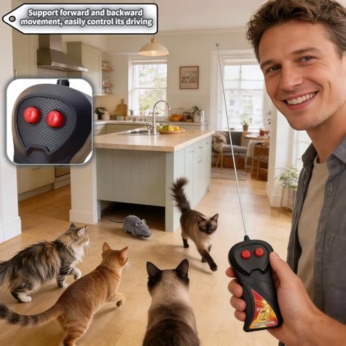 Remote Control Mouse Cat Toy, Realistic RC Interactive Pet Toy with Wireless Controller, Forward and Backward Movement, Gray Plush Electronic Mouse for Cats and Dogs, Funny Pet Teaser for Indoor Cats