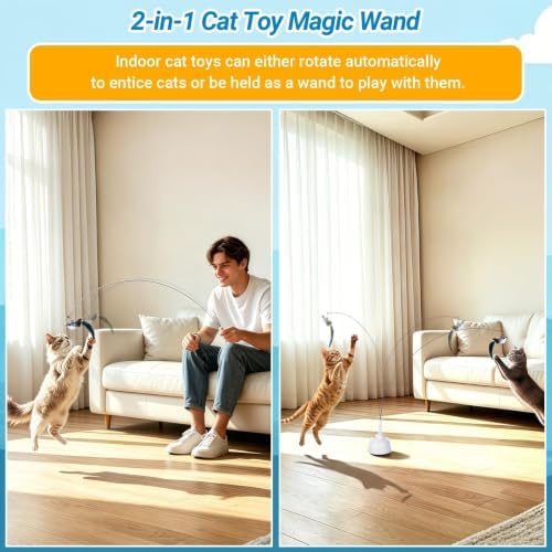Interactive Cat Toys for Indoor Cats, Automatic 360° Spinning Cat Wand Toy, Strong Suction Cup Base, USB Rechargeable, Detachable Wand, 2 Feather Refills, 2 Speeds, 3 Modes for Cats of All Ages