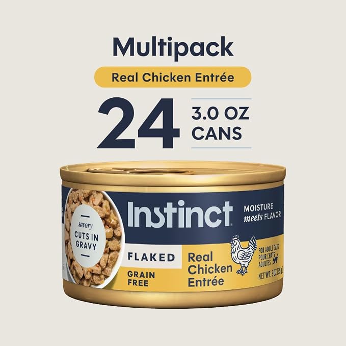 Instinct Flaked Entrees, Wet Canned Cat Food, Chicken, 3 oz. (24 Count) | Tender flaked cuts in savory gravy, high protein, real chicken, whole-food ingredients, grain-free, hydration support