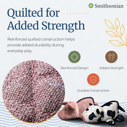 Smithsonian Quilted Safari Dog Toy 2-Pack, Durable Plush Dog Toys with Squeaker, Quilted Construction & Muscle Tough Fabric, Interactive Play Toys Designed for Enhanced Durability, Cow and Pig Box Set