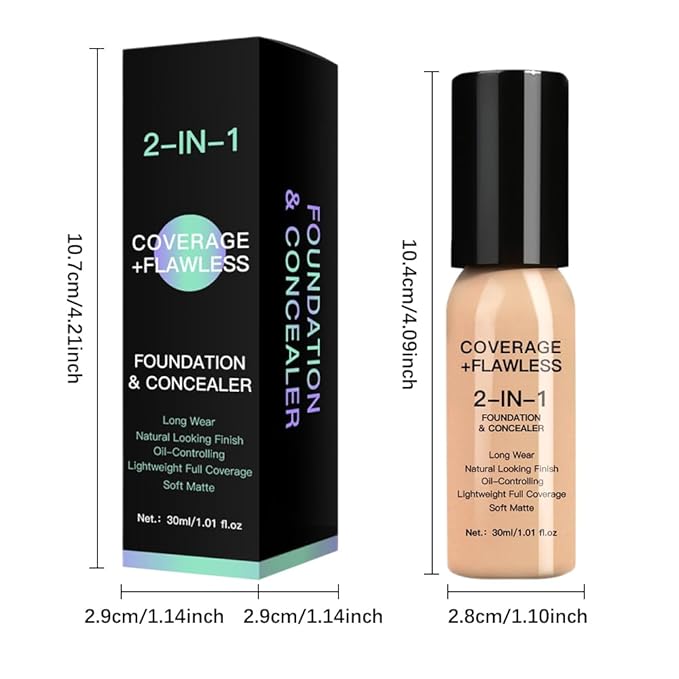 2 in 1 Foundation Concealer, Lightweight Creamy Long Lasting Face Makeup for Combination Oily Skin, Conceals Dark Circles Under Eyes Dark Spots and Blemishes, Vegan Cruelty-Free, Medium