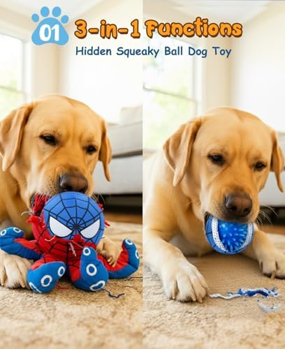 3 in 1 Tear Apart Squeaky Dog Toy - Spider Stuffed Rip and Reveal Dog Toy, Plush Interactive Pet Toy with Spikey Ball Inside for Small Medium Pets to Keep Them Busy