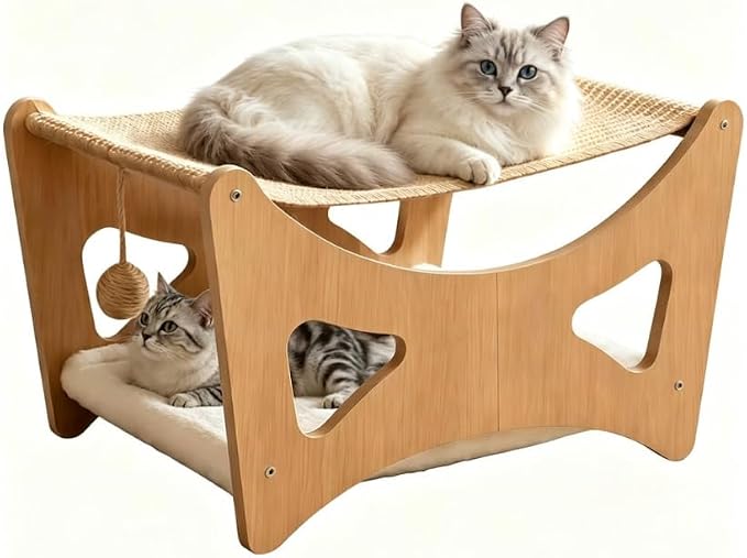 Cat Hammock Bed, 3 in 1 Elevated Bunk Cat Hammock Bed with Sisal Scratching Pad & Soft Plush Cushion, Wooden Cat Furniture for Small to Medium Cat & Dog, Pet Hair Removal Glove