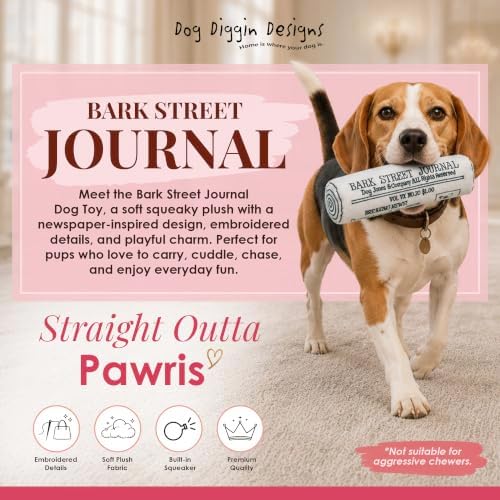 Dog Diggin Designs Bark Street Journal Plush Dog Toy | Luxury-Inspired Parody Newspaper Dog Toy with Squeaker, Soft Plush Novelty Dog Toy – Daily Playtime Edition