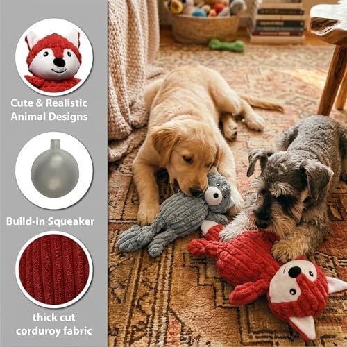 PetLike 2PK Squeaky Plush Dog Toys, Durable Chew Toys with BB Squeaker, Composite Stuffed Teething Toys for Aggressive Chewers, Interactive Fetch & Tug of War Toys for Small & Medium Dogs