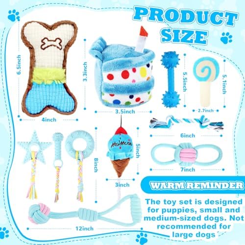 RoundFunny 11 Pcs Dog Birthday Toy Gift for Dog Birthday Cake Puppy Girl Boy Squeak Toys Interactive Puppy Gift with Box for Small Medium Size(Classic,Blue)