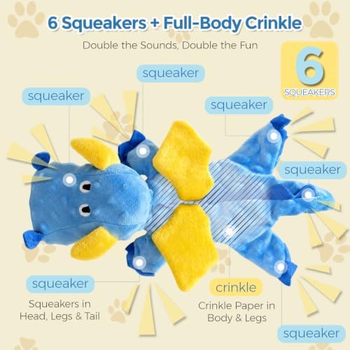 Multi-Squeaker Plush Dinosaur Dog Toy, 6 Squeakers and Crinkle Texture, Soft Interactive Toy for Fetch, Carrying and Cuddling, Blue, Medium