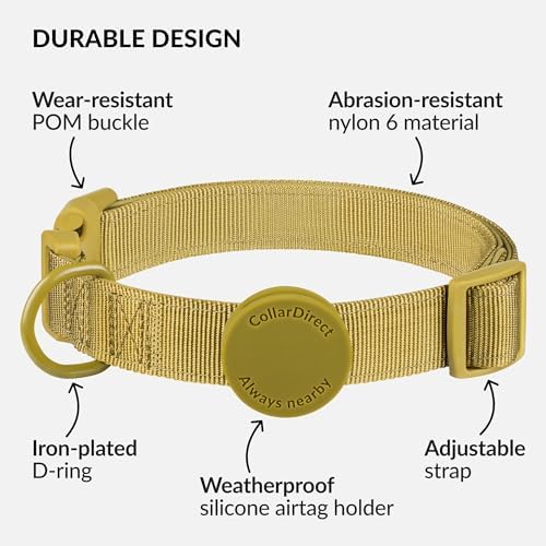 CollarDirect Airtag Nylon Dog Collar Silicon Holder Designed for Apple Airtag with QR Tags Personalized Dogs Puppies 5 Colors Black Pink Violet Green Orange (Green, L)