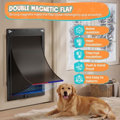 XL Plastic Dog Door for Door, Pets Up to 220 lb | Upgraded Aluminum Locks & Metal Screws, 2 Magnetic Flaps, Closing Panel, Easy Install for Interior & Exterior Doors