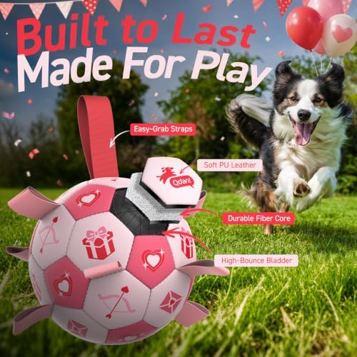 QDAN Dog Birthday Toys, Pink Soccer Ball with Straps, Interactive Tug of War Toy, Puppy Birthday Gifts, Water Toy, Durable Dog Balls for Medium Large (8 Inch)