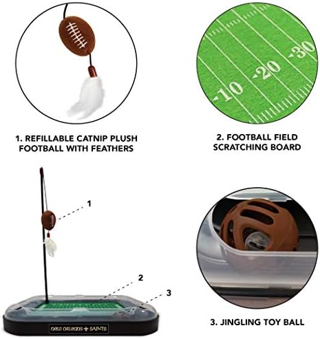 CAT BELL BALL NFL New Orleans Saints Football Field CAT Scratcher Toy with Catnip Filled Plush Football Toy & Feather Cat Toy Hanging, with Jingle Bell Interactive Ball Cat Chasing 5-in-1 Kitty Toy