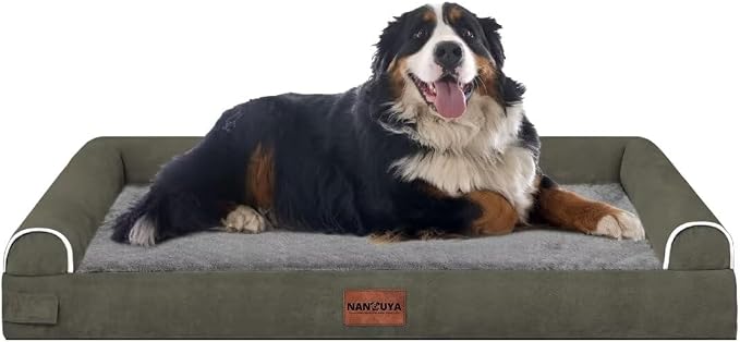 Orthopedic Dog Bed for Jumbo Dogs, 53 x 42 Inch, Dark Green | Egg crate foam for joint support, 3-sided bolster pet sofa, waterproof lining, washable cover, and non-skid base