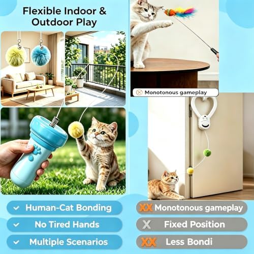 Hands-Free Electric Cat Toy Interactive Teaser Entertainment Toy for Kitten, One-Click Pop Out & Auto Retractable Cat Wand Toy with Soft Balls, Kitten Teaser Toys for Indoor Cats (Sky)