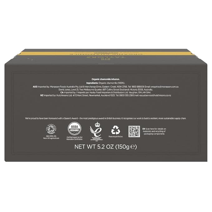 Taylors of Harrogate Organic Chamomile, Herbal Tea, Individually Wrapped Bags, 100 Count (Pack of 1), Mellow, Silky & Soft, Caffeine-Free, Enjoy Hot or Iced, 100 Teabags
