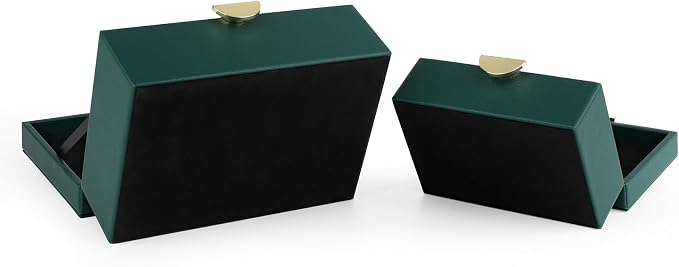 HofferRuffer Faux Leather Jewelry Boxes, Decorative Boxes Storage Accessory Organizer with Gold Hardware Decor, Classic Vegan Leather Set of 2 Pieces (Green)
