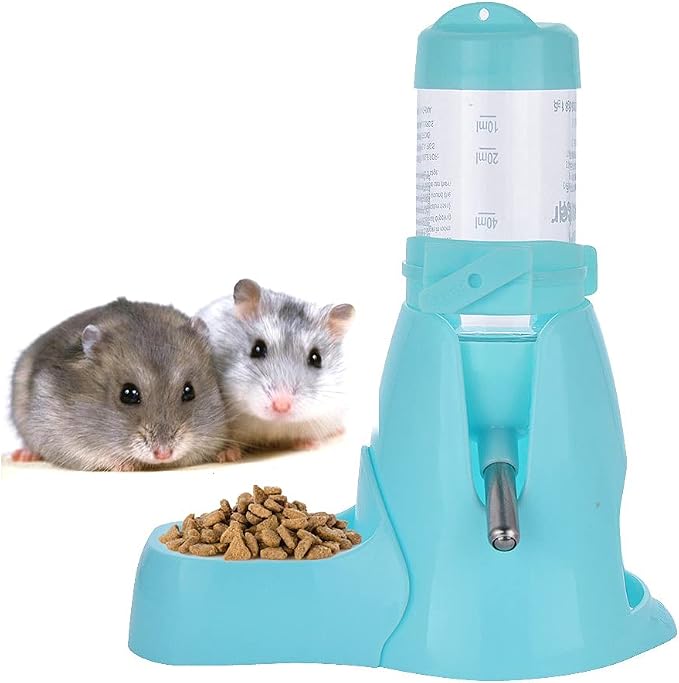 Guardians Hamster Water Bottle, Little Pet Automatic Drinking Bottle with Food Container Base Hut Hanging Water Feeding Bottles Auto Dispenser for Small Animals(80ml,Blue)