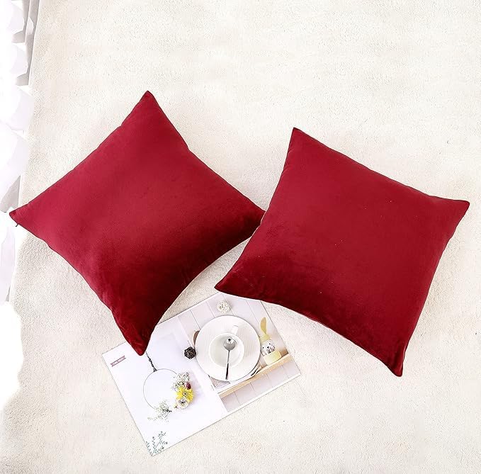 NiNi ALL Burgundy Red Velvet Throw Pillow Covers 28x28 Pack of 2 Decorative | Soft Solid Boho Cushion Squar Pillow Cases for Chair Sofa Bedroom Farmhouse Living room Modern Luxury Home Decor Christmas