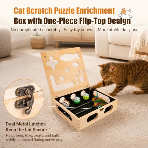 Cat Scratch Puzzle Enrichment Box, Wooden Interactive Toy for Indoor Cat