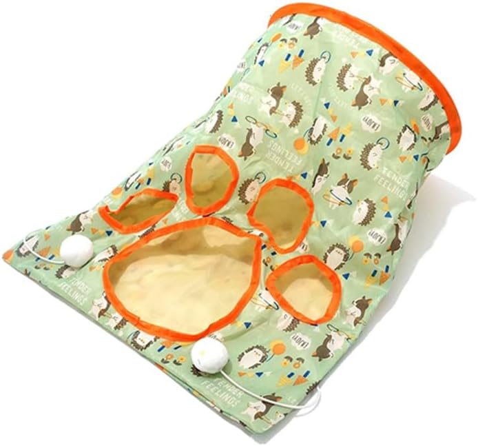 Cat Tunnel Bag for Indoor Cats, Foldable Pet Tunnel Crinkle Sack Bag with a Little Mouse & 3 Toy Ball, Portable Crinkle Paper Interactive Hide and Seek Cat Toys (Green)