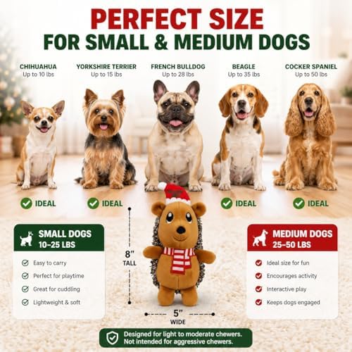 Christmas Hedgehog Squeaky Dog Toy for Small & Medium Dogs, Soft Plush Stuffed Puppy Toy with Built-In Squeaker, Interactive Indoor Play Toy for Gentle Chewers, Machine Washable Holiday Dog Gift