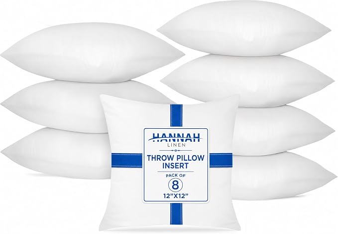 Hannah Linen Throw Pillow Inserts 12x12 – 8 Pack Square Decorative Pillow Insert for Couch, Sofa & Bed, Soft Fluffy Polyester Filled Cushion Stuffers, Indoor Home Decor Pillows