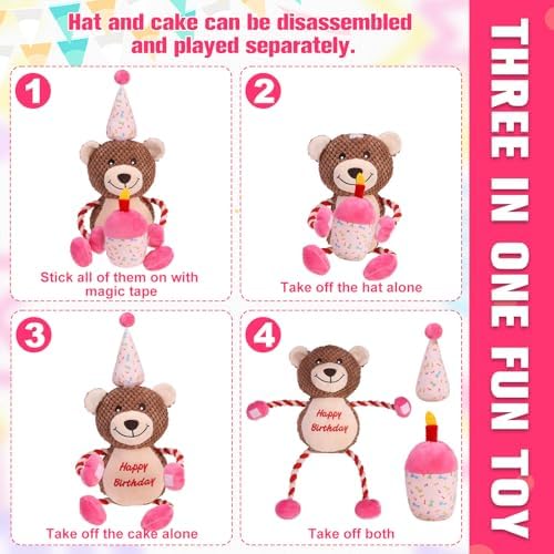 EXPAWLORER Squeaky Dog Birthday Toys - Durable Plush Dog Toy with Crinkle Paper,Chew Toys Soft Fabric for Small, Medium, and Large Dogs to Keep Them Busy,Training Reward, Pink Bear