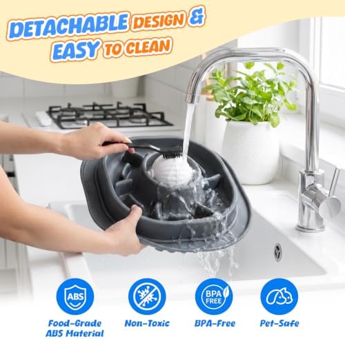 2-in-1 Slow Feeder Dog Bowl with Rolling Ball, Interactive Lick Bowl Toy for Dogs & Cats, Anti-Gulp Maze Feeder with Suction Base for Wet Food, Bone Broth & Treats, Anxiety Relief Enrichment Toy-Grey