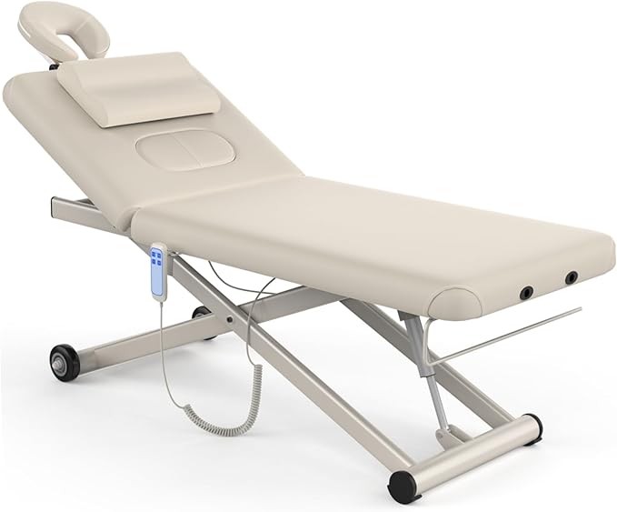 Heavy-Duty Electric Lift Massage Table with Electric Adjustable Backrest and Legs, Wide Physical Therapy Massage Bed with Wheels, Professional Spa Facial Bed, PU Leather, 32'' W × 75'' L