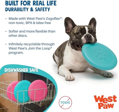 WEST PAW Zogoflex Zisc Dog Flying Disc, High Flying Aerodynamic Disc for Dogs Puppy – Lightweight, Floatable Disc for Fetch, Tug of War, Catch, Play – Doubles as Food/Water Bowl, Small 6.5", Teal